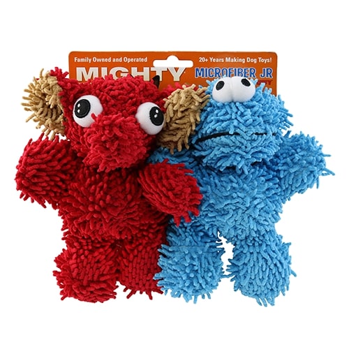 Red and blue plush dog toys with 'Mighty Microfiber Jr.' packaging on a white background