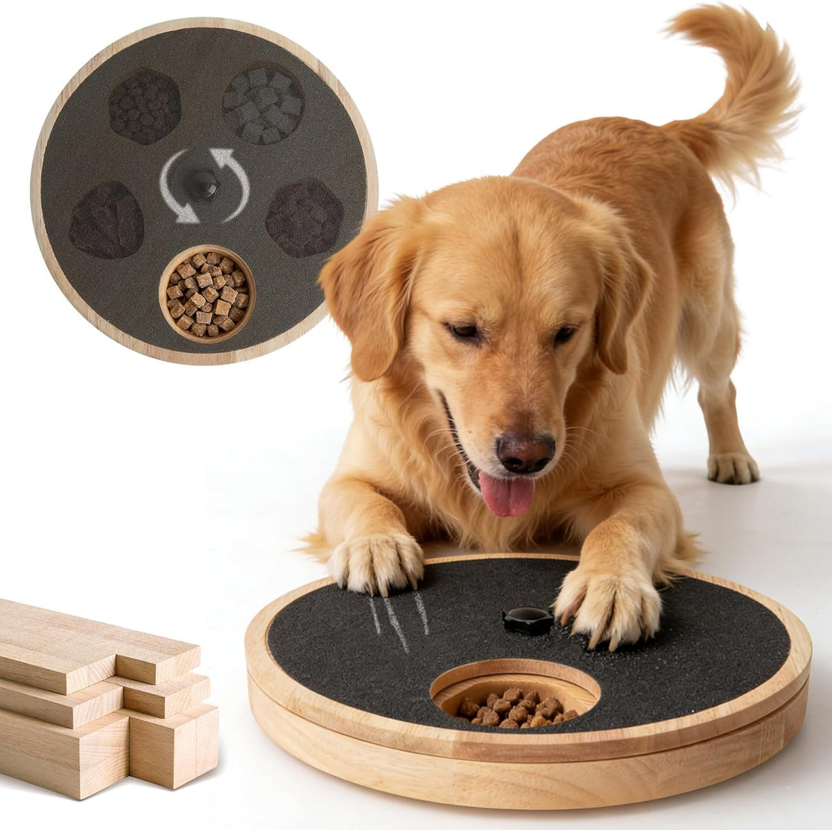 Dog playing with a wooden and black interactive pet toy on a white background