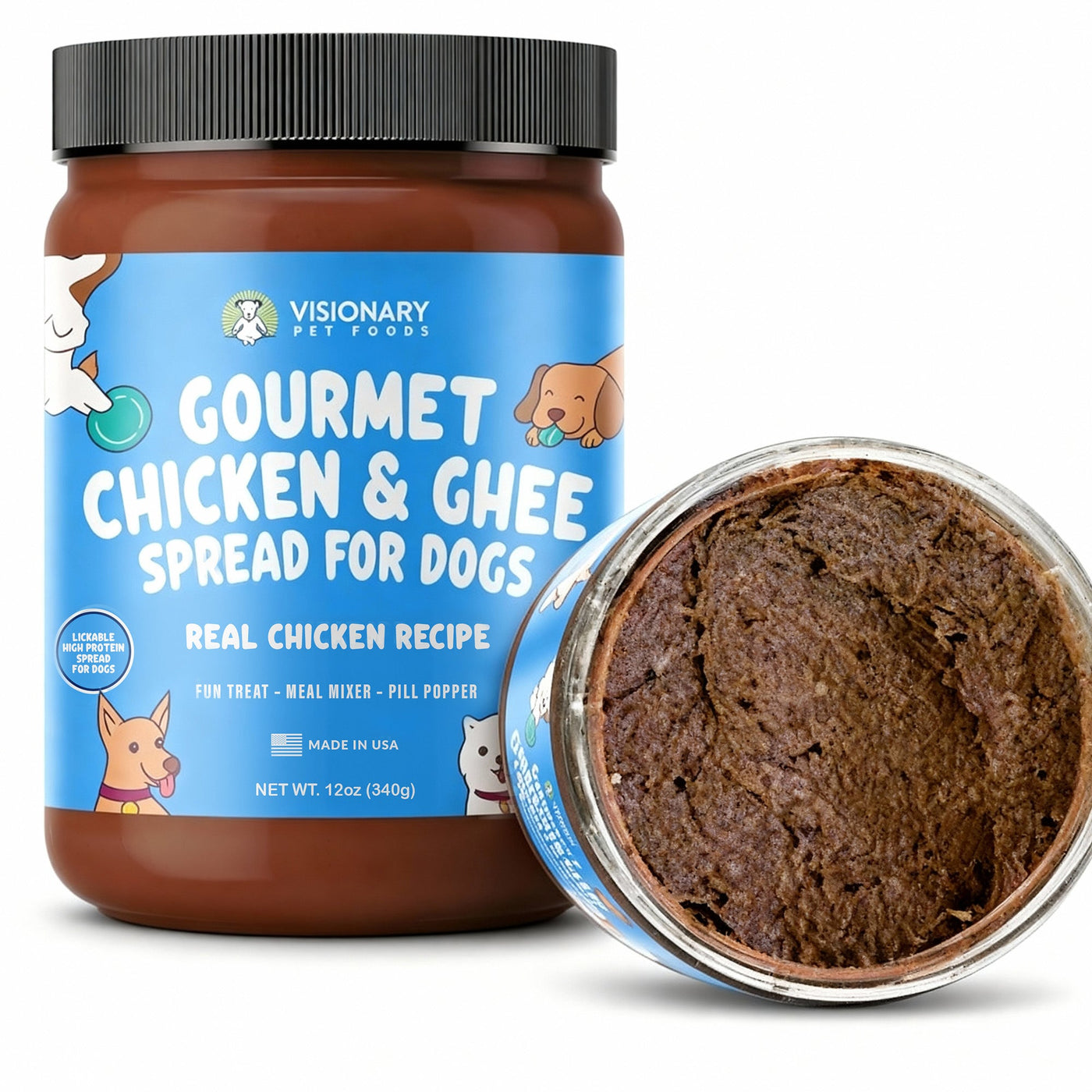 Jar of Gourmet Chicken & Ghee Spread for Dogs by Visionary Pet Foods with a close-up of the spread inside.
