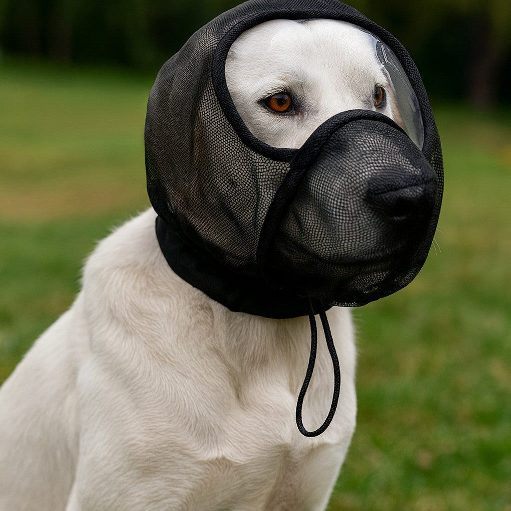 Dog wearing a black mesh muzzle outdoors on a grassy background