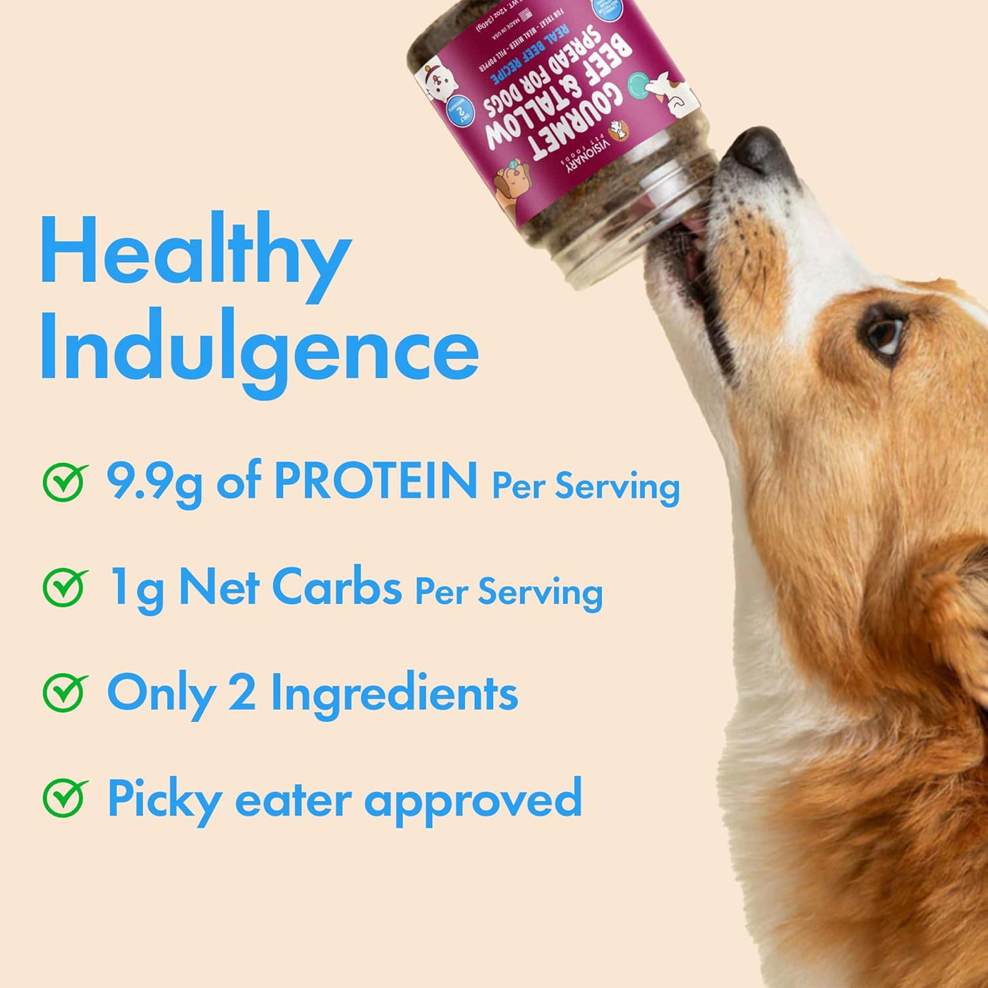 Dog eating from a jar with text about healthy indulgence, protein content, and ingredients.