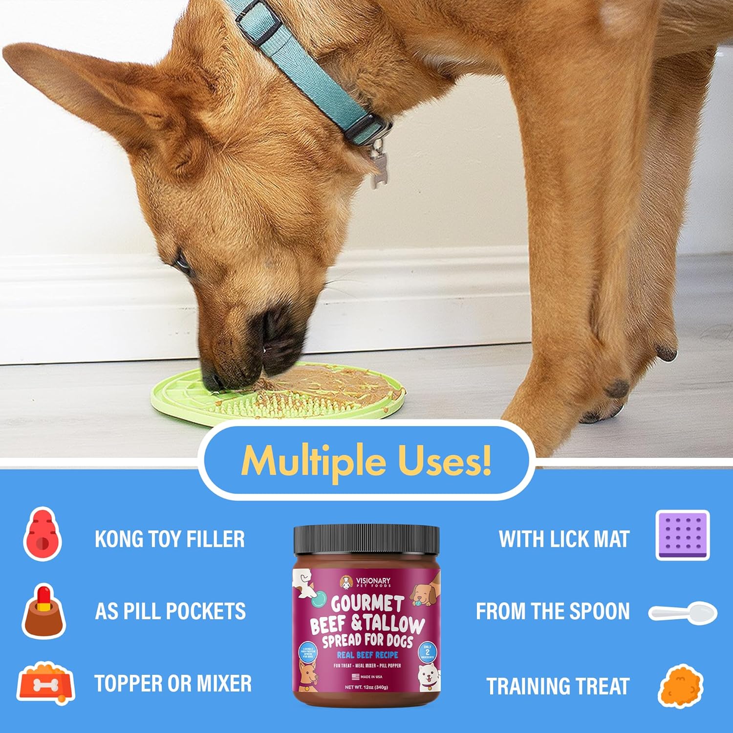 Dog eating from a lick mat with product information below