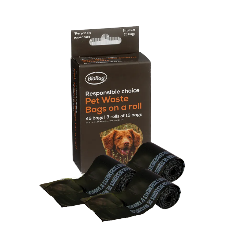 BioBag pet waste bags packaging with three rolls on a white background
