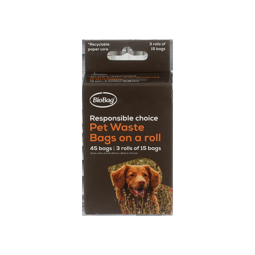 Box of BioBag pet waste bags with a dog on the label against a white background