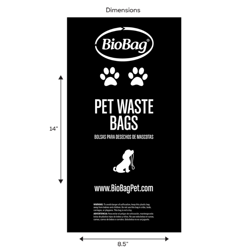 A black BioBag pet waste bag package shown with dimension arrows and labels indicating 14 inches tall by 8.5 inches wide on a white background.