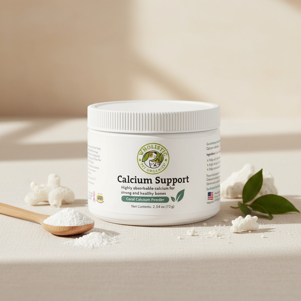 Container of 'Calcium Support' powder with a wooden spoon and calcium crystals on a neutral background