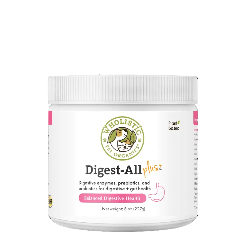 White container of 'Digest-All Plus' with 'Wholistic Pet Organics' branding on a white background