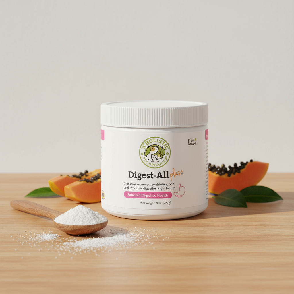 Jar of Digest-All Plus supplement with papaya on a wooden surface