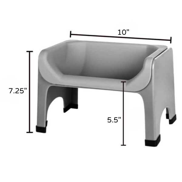 Gray plastic step stool with dimensions labeled on a white background