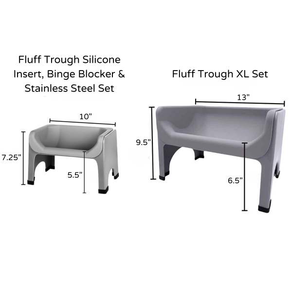 Dimensions of Fluff Trough Silicone Insert, Binge Blocker & Stainless Steel Set and Fluff Trough XL Set on a white background