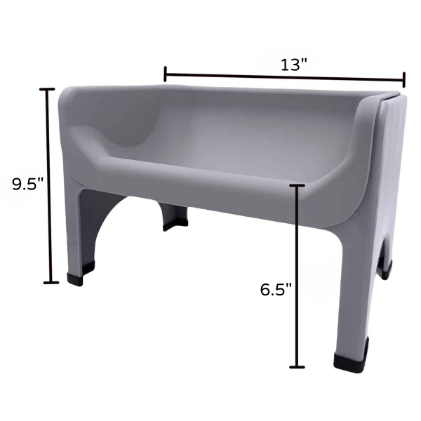 Gray pet station with dimensions labeled on a white background