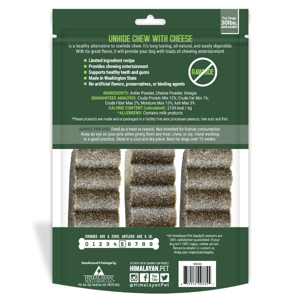 Package of Unhide Chew with Cheese for dogs, featuring green and white design.