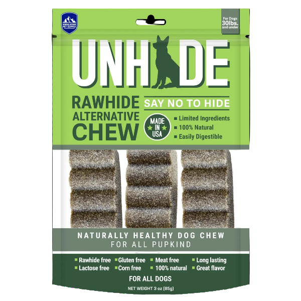 Package of UNHIDE rawhide alternative chew for dogs with green and white design.