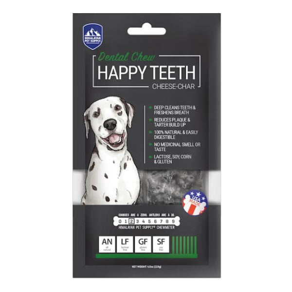 Package of Happy Teeth dental chews for dogs with a Dalmatian image on a white background.