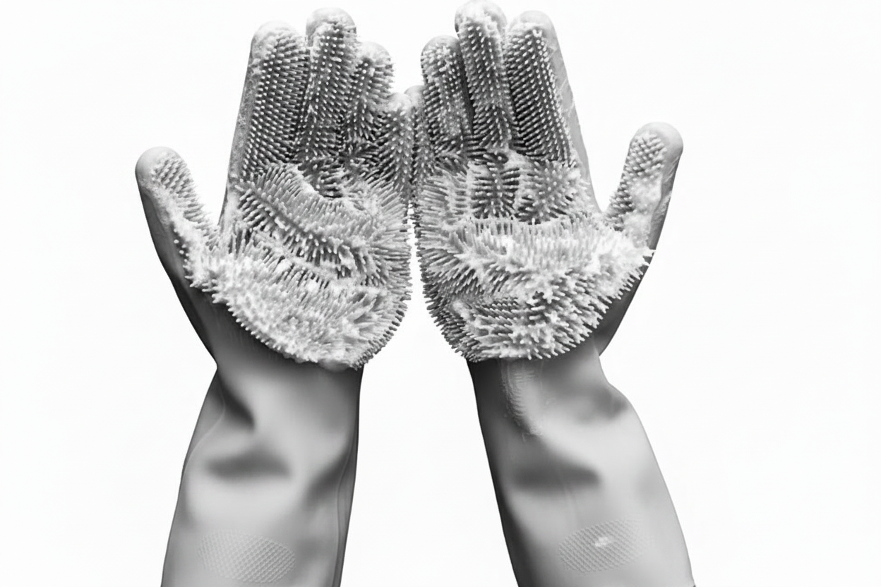 Rubber gloves with nubs on the palms or washing a dog