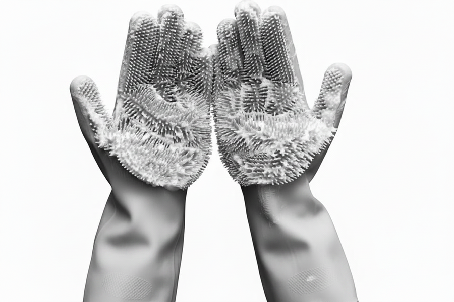 Rubber gloves with nubs on the palms or washing a dog