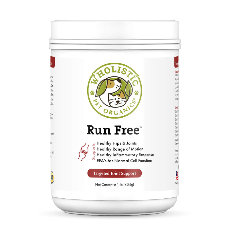 White container of 'Run Free' by Holistic Pet Organics on a white background