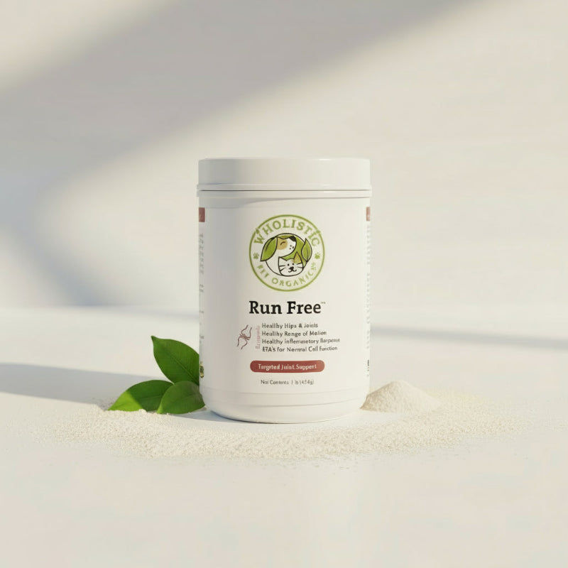 Supplement container labeled 'Run Free' on a light background