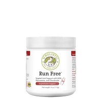 White supplement jar labeled 'Run Free' by Wholistic Pet Organics on a white background