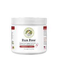 White container of 'Run Free' targeted joint support supplement with 'Wholistic Pet Organics' branding on a white background.