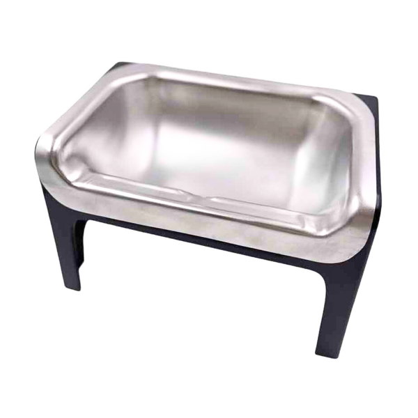 Stainless steel pet food bowl on a black stand against a white background