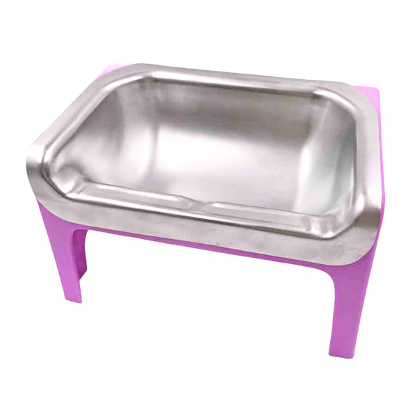 Stainless steel pet bowl on a purple stand with a white background