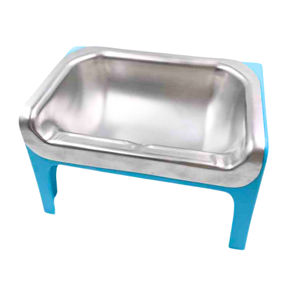 Stainless steel pet bowl on a blue stand with a white background