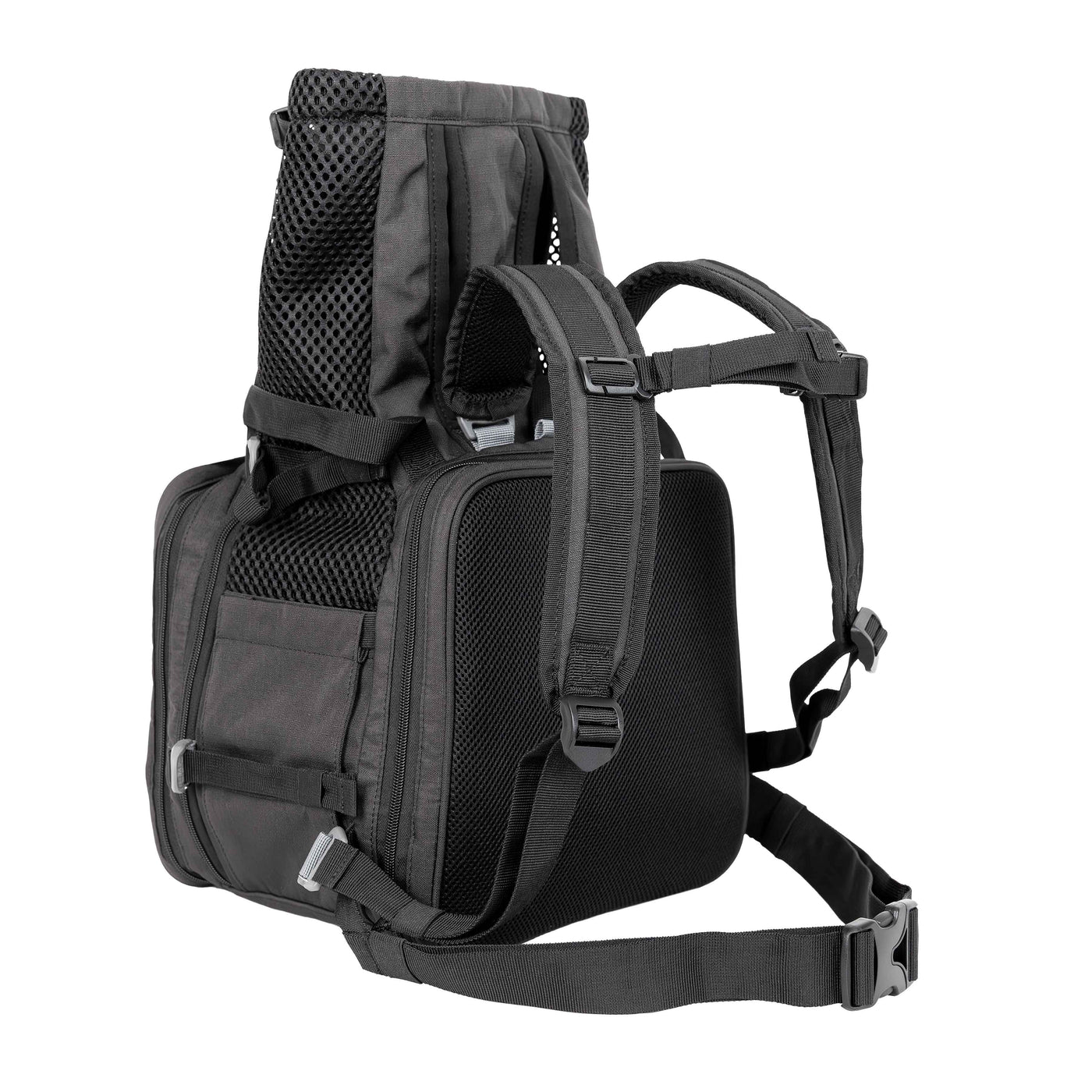 Black backpack with multiple compartments and straps on a white background