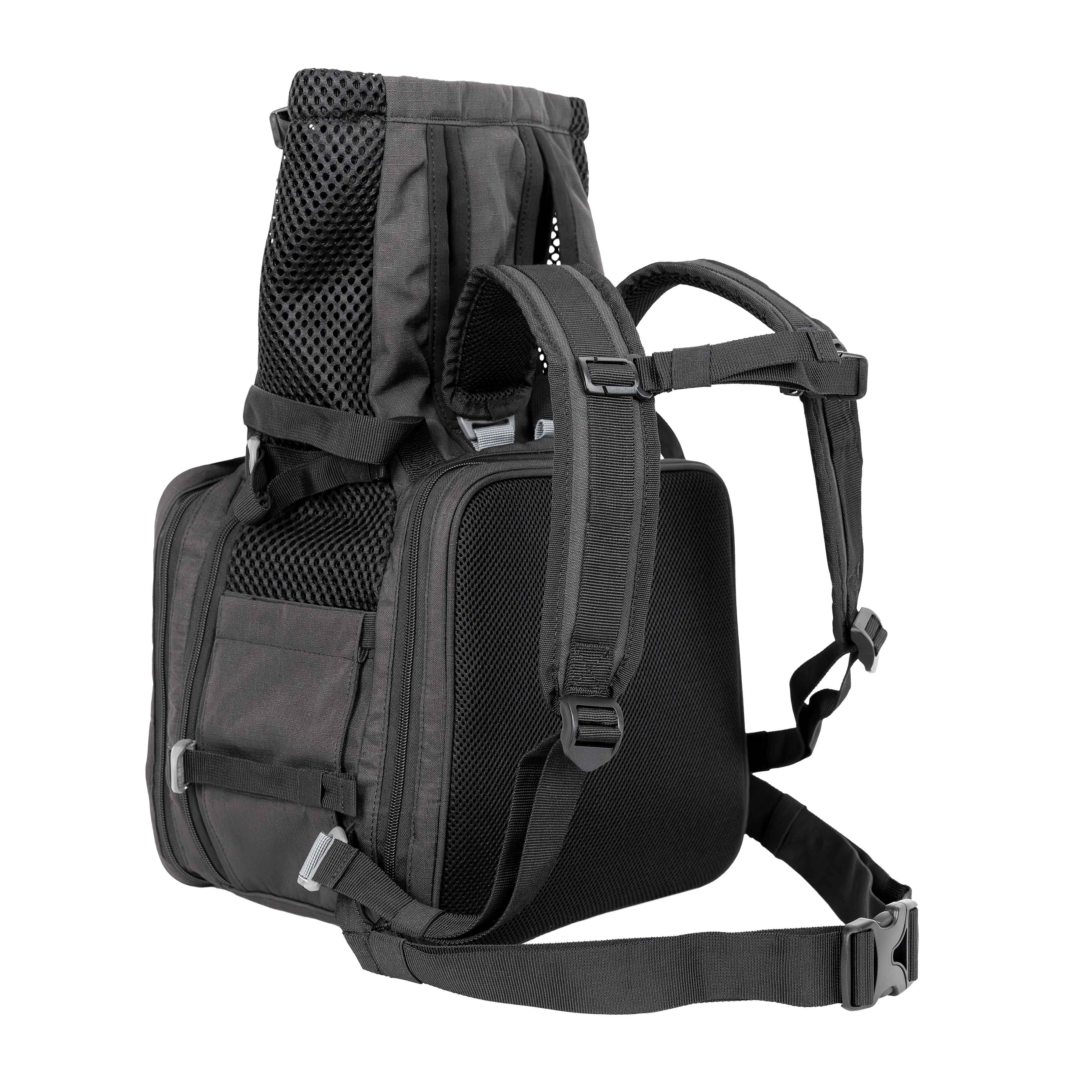 Black backpack with multiple compartments and straps on a white background