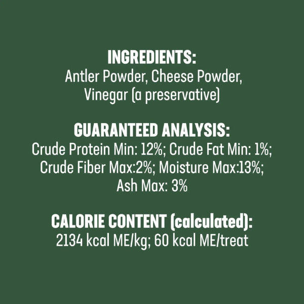 Text displaying ingredients, guaranteed analysis, and calorie content on a green background