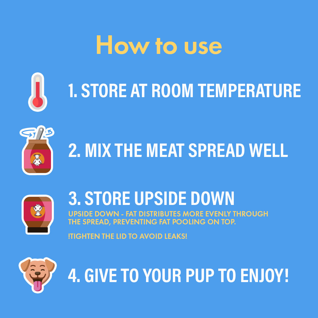Instructions for using a pet food product on a blue background