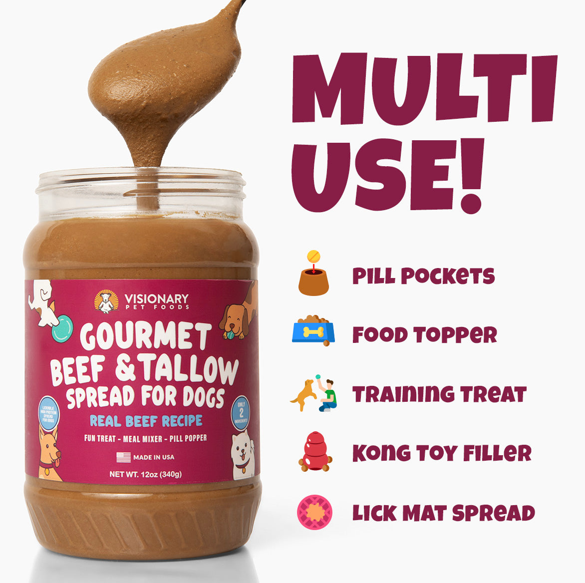 Jar of gourmet beef and tallow spread for dogs with Visionary Pet Foods branding, surrounded by text highlighting multi-use applications.