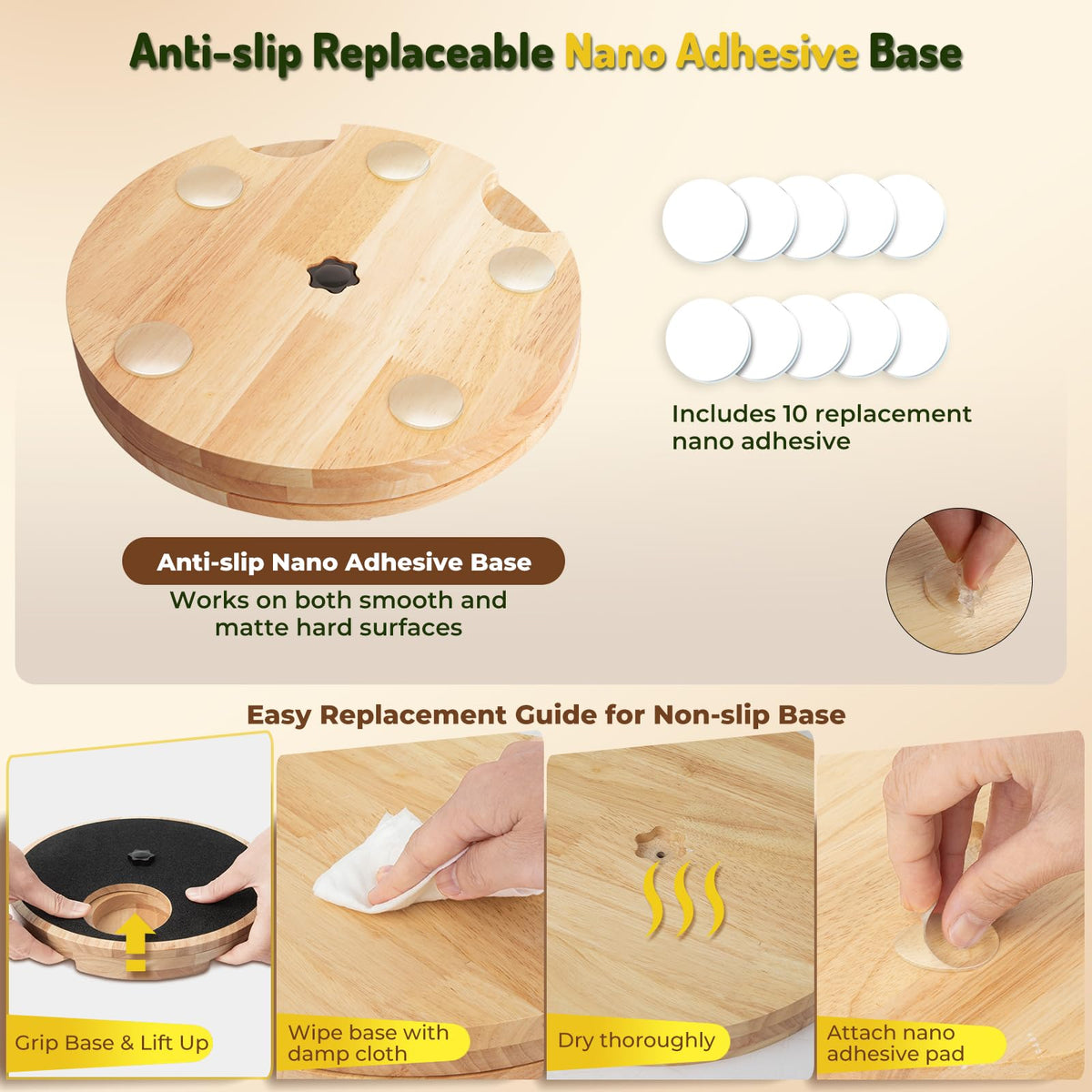 Anti-slip replaceable nano adhesive base set on a beige background, featuring a round wooden base with circular adhesive pads, ten white replacement nano adhesive pads, and a four-step easy replacement guide with hands demonstrating how to lift, wipe, dry, and attach the adhesive pad.