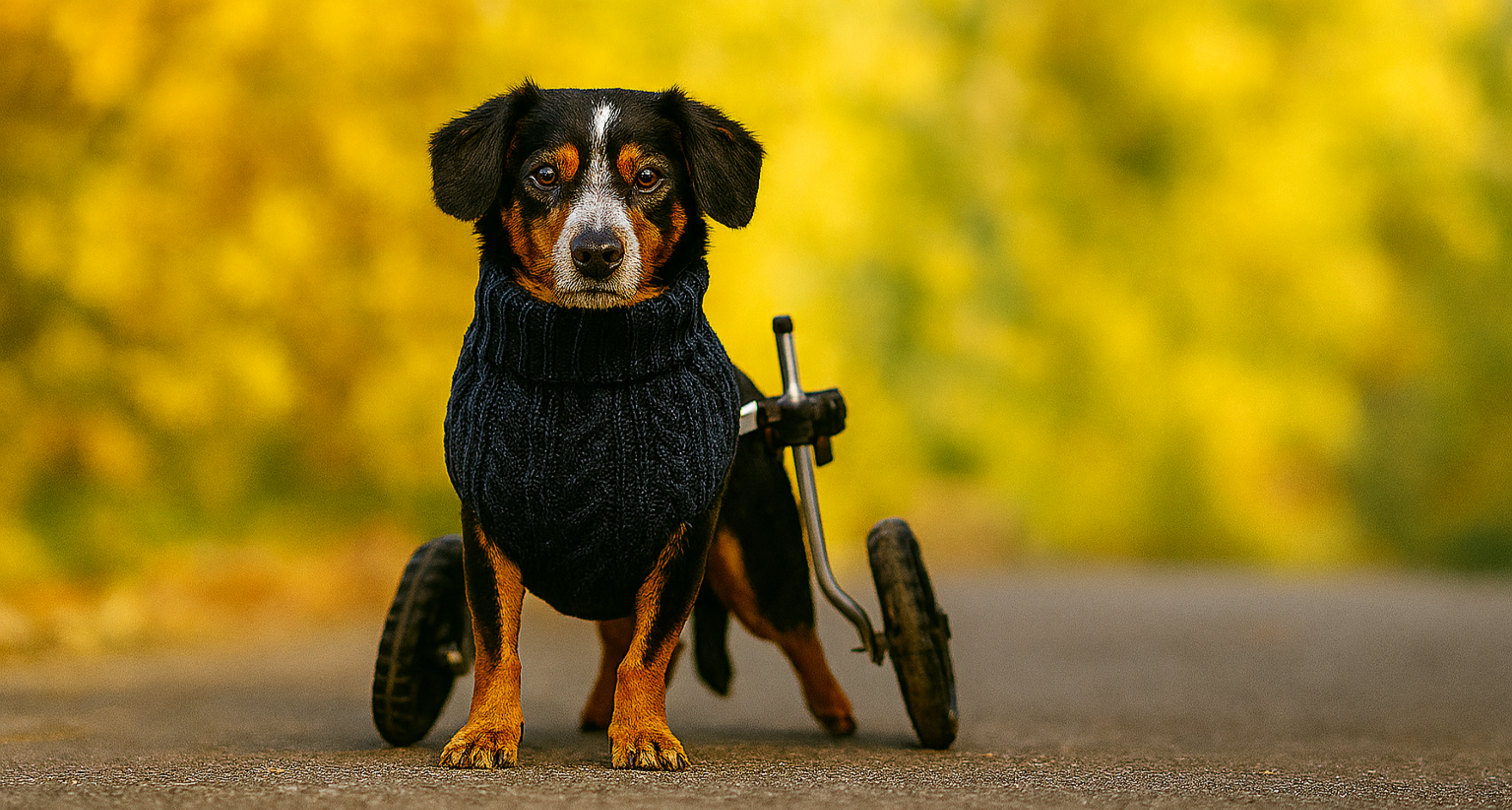 Dog in a wheelchair with a black sweater against a blurred yellow background