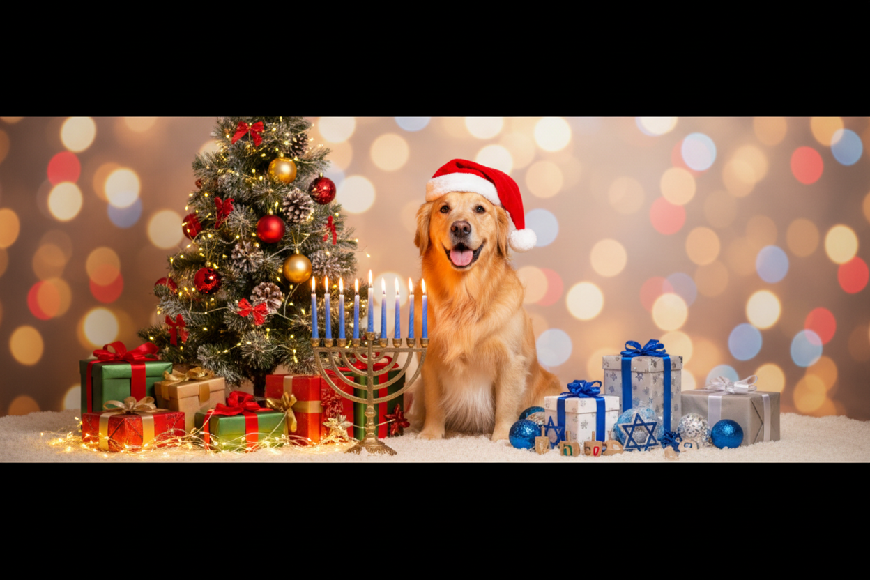 dog with santa hat with christmas and Chanukah presents