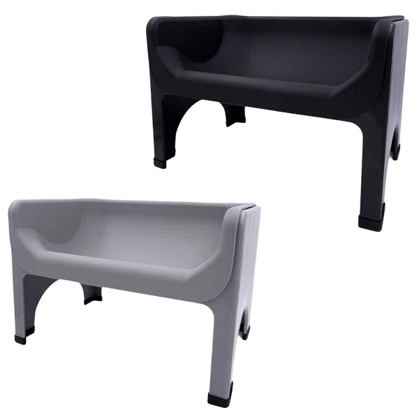 Two black and gray plastic benches on a white background