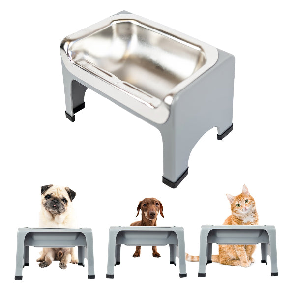 Stainless steel pet feeding station with adjustable height for pets on a white background