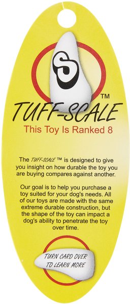 Yellow card with Tuff-Scale rating system for dog toys, featuring a white dog toy.