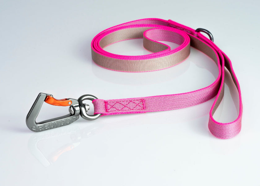 Pink dog leash with carabiner on a light gray background