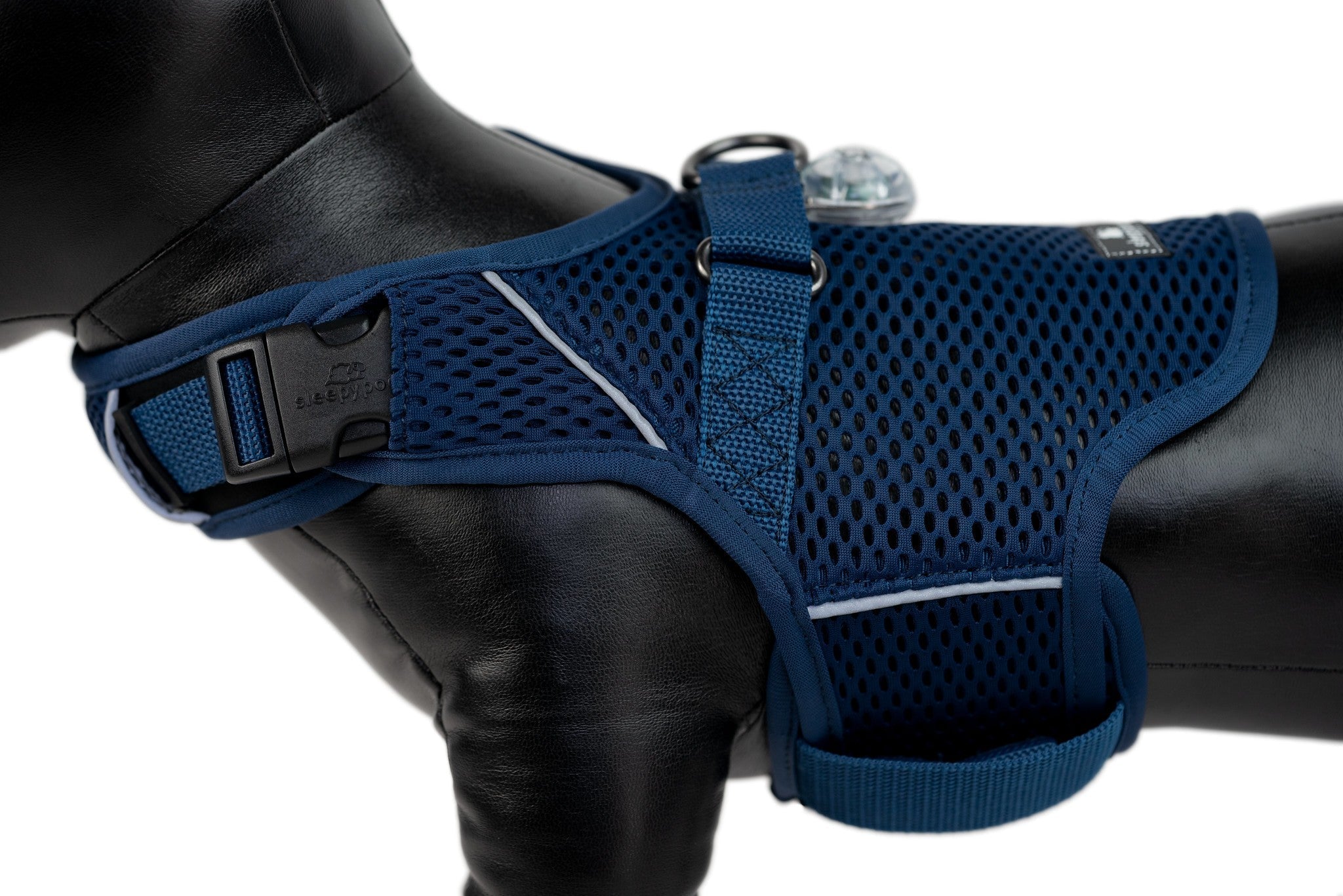 Blue dog harness on a black leather jacket with a white background