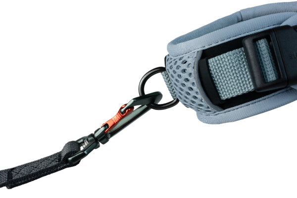 Dog leash with a gray handle on a white background