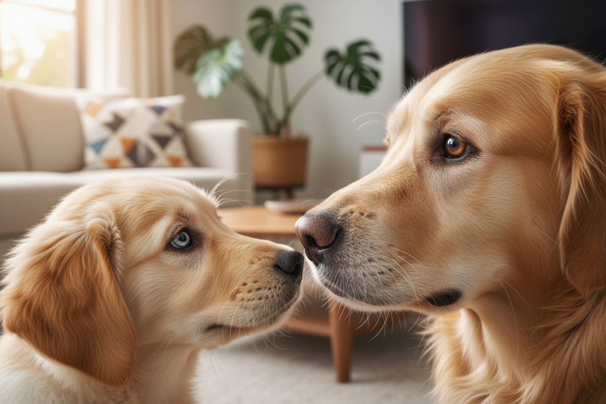 The dogs should have an inquisitive look on their faces