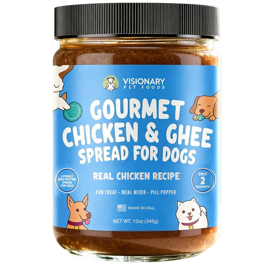 Jar of Gourmet Chicken & Ghee Spread for Dogs by Visionary Pet Foods on a white background